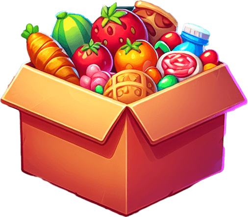 Box of food.
Single Game Texture.  In-Game asset.  2d.  Blank background.  High contrast.  No shadows