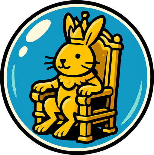 a bubble with a golden king rabbit inside sitting in a throne.
In-Game asset.  2d.  High contrast.  No shadows