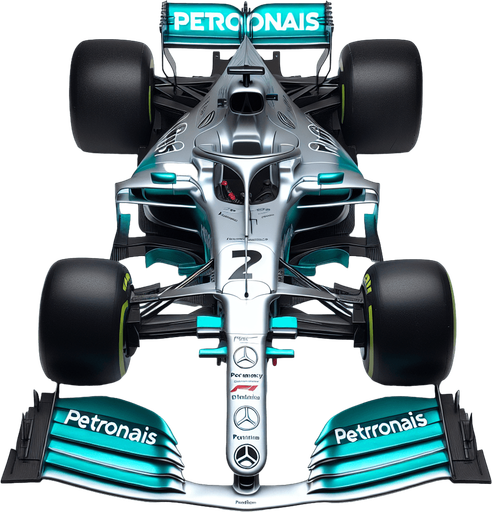 Real life Silver f1 mercedes race car with turquoise green lines and REARwings and white "PETRONAIS" text on wings.
Red race number on car nose. Black peace logo, black Blackberry text on sides. TOP VIEW