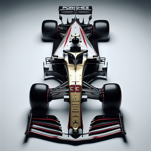 Photorealistic Porsche F1 race car, top view. 
Golden logo on car nose.
White body with black rear and front wing.
Very thick red lines on body from front wing to rear wing. 
Replace Porsche text to white coloured ,,Porshe" text on rear wing.