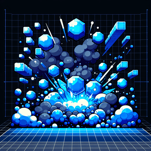 epic blue 16 bit bubble pieces explode.
Single Game Texture.  In-Game asset.  2d.  Blank background.  High contrast.  No shadows