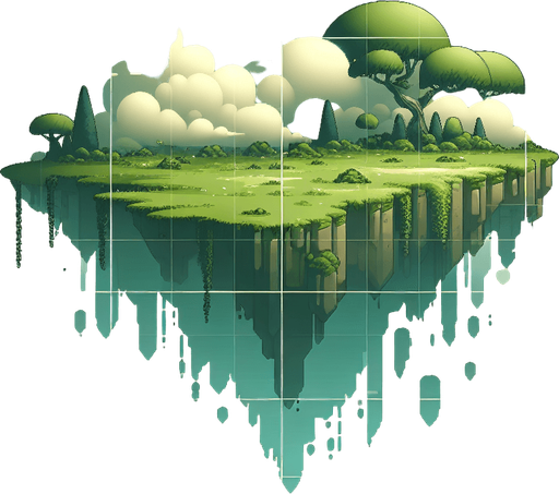 floating land world imagination green colors not pixels no text in the image.
Single Game Texture. In-Game asset. 2d. Blank background. High contrast. No shadows.