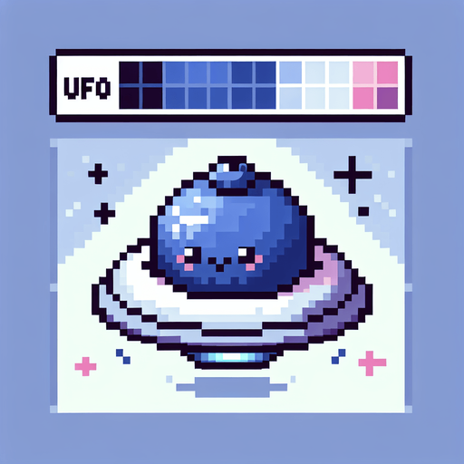 8-bit pixelated isometric blueberry-shaped UFO with a cute fruit inside.
Single Game Texture. In-Game asset. 2d. Blank background. High contrast. No shadows.