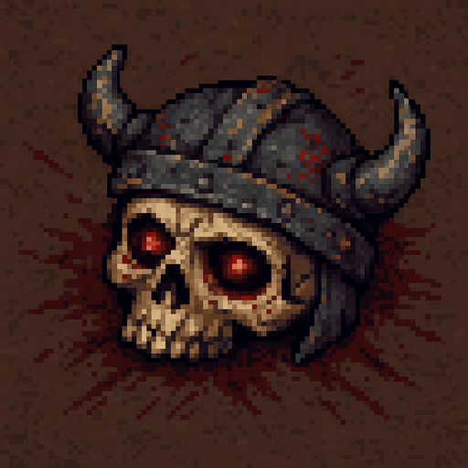 “Top-down 2D pixel art of a severed skeleton head wearing a damaged metal helmet. The skull is cracked and aged, with glowing red eyes still faintly lit. The barberian helmet is dented, rusty, and slightly misaligned on the skull. The head lies on the ground, surrounded by scratches, dust, or dried blood. Designed as a dark fantasy game sprite or environmental detail.”.
In-Game asset.  2d.  High contrast.  No shadows