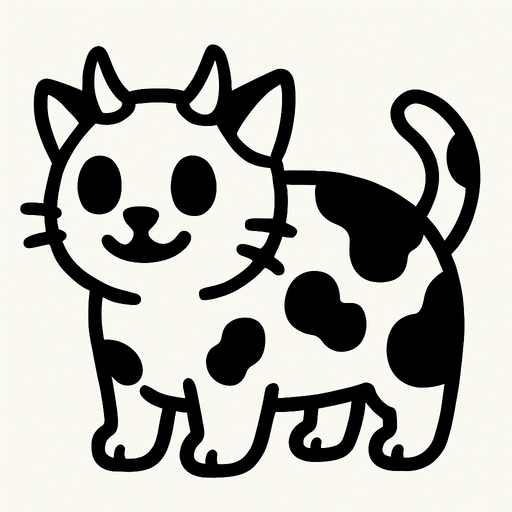 Un gato con forma de vaca con 2 cuernos blanco como su cuerpo pero con un ojos y boca negros estilo caricatura.
In-Game asset.  2d.  High contrast.  No shadows