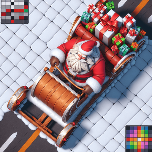 Santa on a sleigh top view.
Single Game Texture. In-Game asset. 2d. Blank background. High contrast. No shadows.