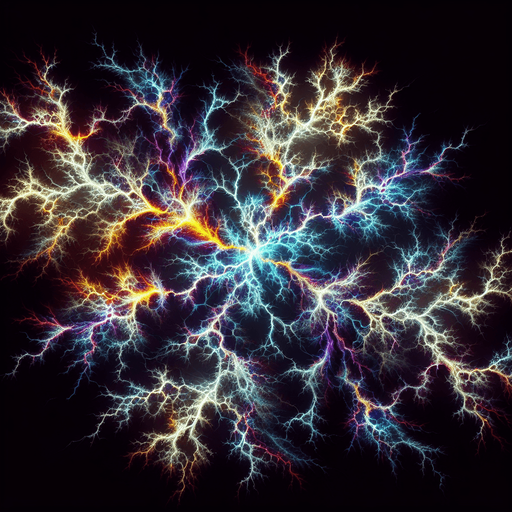 A branching pattern like lightning or cracks, but made of chaotic, multi-colored energy. Could also be a visual of one chaotic explosion triggering others nearby..
Single Game Texture.  In-Game asset.  2d.  Blank background.  High contrast.  No shadows