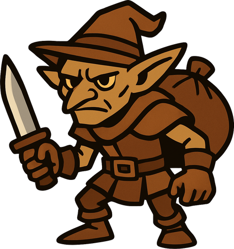 kahverengi gezgin eli bıçaklı goblin.
In-Game asset.  2d.  High contrast.  No shadows