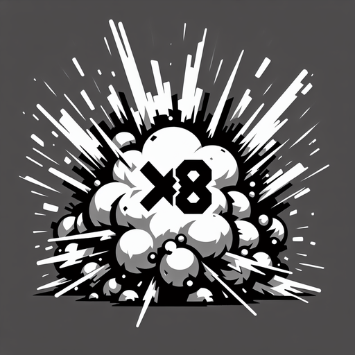 爆炸，里面有X8的字样.
Single Game Texture. In-Game asset. 2d. Blank background. High contrast. No shadows.