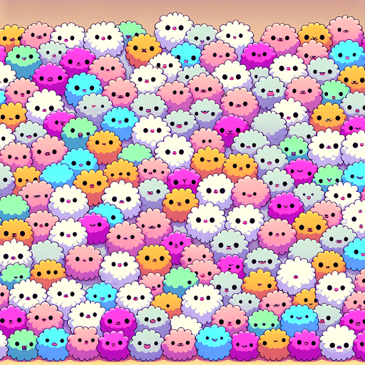 Background for hyper casual puzzle game. a large area covered with thousands of tribble. a furry cuddly ball of fluff. multicouloured. startrek. little cartoon style faces on each of them. Pastel colors, flat shaded, vector art. Single Game Texture. In-Game asset. 2d. Blank background. High contrast. No shadows Single Game Texture. In-Game asset. 2d. Blank background. High contrast. No shadows.