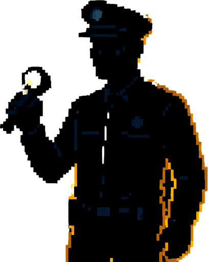 Guardia completamente negro con linterna iluminando con un circulo de aura pixelart.
In-Game asset.  2d.  High contrast.  No shadows