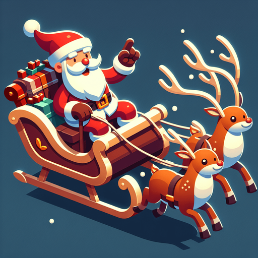 Provile view of Santa clauss in his sleigh with reindeer, smiling and making a sign with his hand game Asset. High contrast. No shadows.