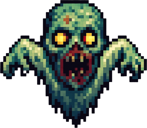 Um fantasma zumbi voador, arte pixel, vista aerea frontal.
In-Game asset.  2d.  High contrast.  No shadows