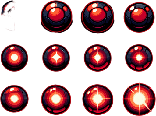 A sprite sheet of glowing red orbs for charging a laser.
Single Game Texture. In-Game asset. 2d. Blank background. High contrast. No shadows.