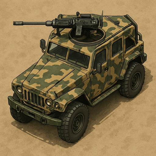 Armed off-road vehicle with camouflage livery. Top view.