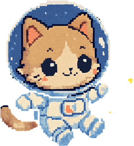 A cute chibi-style anime kitten, dressed in an astronaut suit and drifting through the universe, rendered in Pixel Art.
