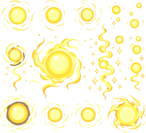A sprite sheet of different round wisps. Like fireflies. Yellow in color, very bright center with a dimmer aura on the outside. 

Single Game Texture. In-Game asset. 2d. Blank background. High contrast. No shadows.