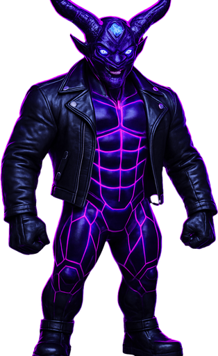 Black leather biker jacket longsleeves bare segmented neon cyberpunk pecs abs muscles robot monster hunk Neon cyberpunk 3d hologram corporate occult demon android mecha robot sentinel guard soldier machine monster fully in frame no part cut off no background anime futuristic Background removed, "Full-body character, entirely in frame, no cropping of face, head, or feet" "Complete character visible, from head to toe, fully centered in the image" "Entire character, including face and boots, fully within the frame" Character fully contained within a square frame, no edges cut off  horns through boots