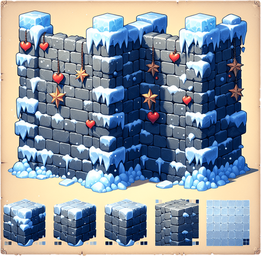 A medieval wall built of ice blocks, with stars and christmas hearts as ornaments. Single Game Texture. In-Game asset. 2d. Blank background. High contrast. No shadows.