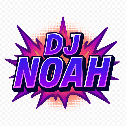 A bold, comic-style game title reading 'DJ NOAH' in large uppercase letters. The text features a deep electric purple gradient with sharp highlights and bold white outlines, styled like a dramatic comic book title splash. Subtle halftone textures and a radial glow enhance its dynamic look. Behind the text, abstract comic-style sound wave elements stretch outward in purple and magenta hues. The composition is punchy, modern, and dramatic — designed as a central UI graphic with transparent background for in-game use. 2D, high contrast, no drop shadow..
In-Game asset.  2d.  High contrast.  No shadows