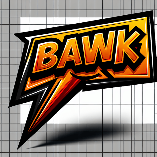 Cartoon-style rectangular speech bubble with a sharp, dynamic outline. Inside the bubble, create the text ‘BAWK’ in bold, vibrant orange-to-yellow gradient lettering, with a thick black jagged shadow for contrast. The text should have a dynamic comic-style font and appear slightly 3D. The bubble should have a sharp tail pointing downward, consistent with comic-style speech bubbles. The intent is that we are shouting "BAWK"..
Single Game Texture.  In-Game asset.  2d.  Blank background.  High contrast.  No shadows