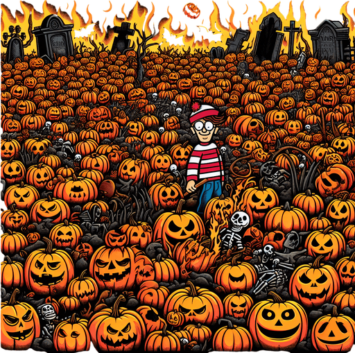 Generate a high quality cartoon background Halloween image on a black canvas similar to the format of where is waldo with a hellish environment filled with pumpkins.
Single Game Texture. In-Game asset. 2d. Blank background. High contrast. No shadows.
