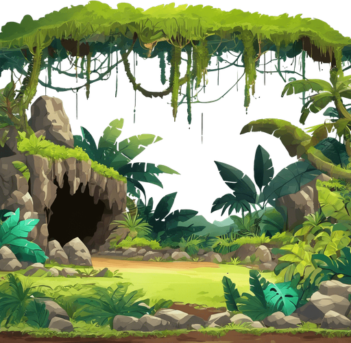 A road in a jungle with a cave nearby