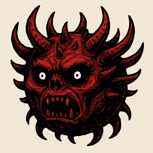 un demonio bola grande 2d y semi realista con muchos cuernos y que sus ojos sean negros con pupilas blancas.
In-Game asset.  2d.  High contrast.  No shadows