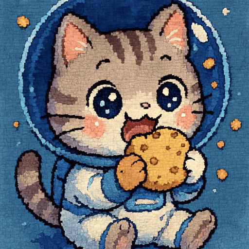 A cute kitten, illustrated in an adorable chibi anime style and wearing an astronaut suit, is joyfully eating as if it hadn’t had a meal in ages. Its eyes sparkle with delight, and crumbs float around in zero gravity.