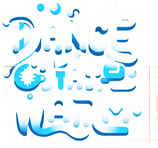 Create an SVG text design for "DANCE TO STAY WARM" in bold cartoon style with chunky rounded letters. Add small snowflake accents and icy details in cool, frosty blues and white.​​​​​​​​​​​​​​​​.
Single Game Texture. In-Game asset. 2d. Blank background. High contrast. No shadows.