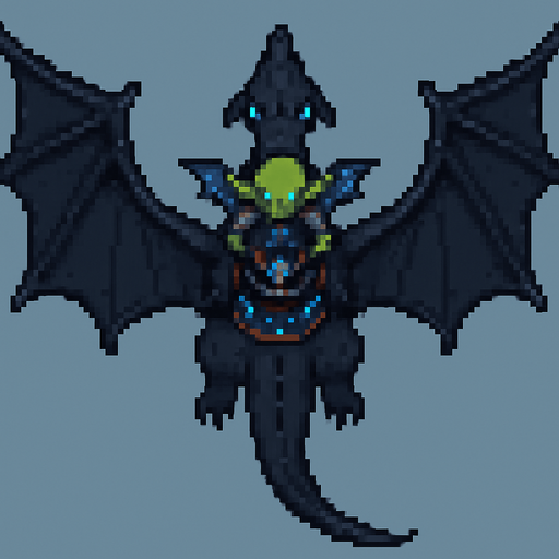 “Top-down pixel art of a goblin riding a flying  black - dark blue dragon. The dragon has wide, leathery wings fully extended, a long tail, sharp back ridges, and glowing blue eyes. It’s flying mid-air, viewed directly from above. The goblin is sitting on the dragon’s back,  blue dragon wings, holding reins or gripping a saddle, wearing dark fantasy armor with blue glowing runes. Designed as a 2D game sprite with a fantasy style, organic (non-mechanical) dragon, both characters seen from above.”.
In-Game asset.  2d.  High contrast.  No shadows