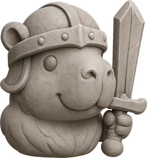 Recrealo en una escultura. Utiliza un estilo cartoon. Usas colores grises. Recuerda que es un capibara usas sus rasgos y formas. Damelo sin fondo