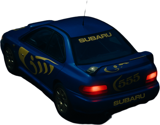 Photorealistic 1990'S Subaru Impreza WRC Rallycar in nightlight, drone topview from back and 45 degrees angle in top right corner