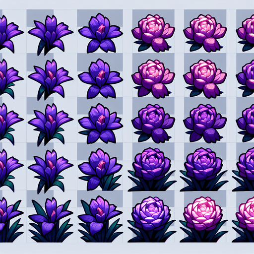 A sprite sheet of different purple iris seen from above. Cartoon. All similar size. Just the blossom. Bold colors and shading. 
Single Game Texture. In-Game asset. 2d. Blank background. High contrast. No shadows.