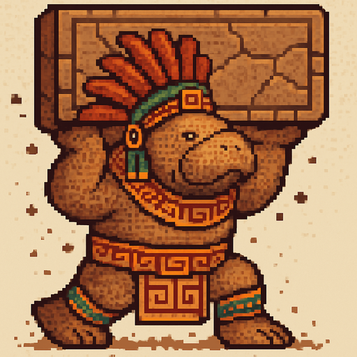 Generame un guerrero azteca con patrones, estilo pixelar, además será un animal manati con efectos de tierra, cargando un enrome muro. gigante.
In-Game asset.  2d.  High contrast.  No shadows