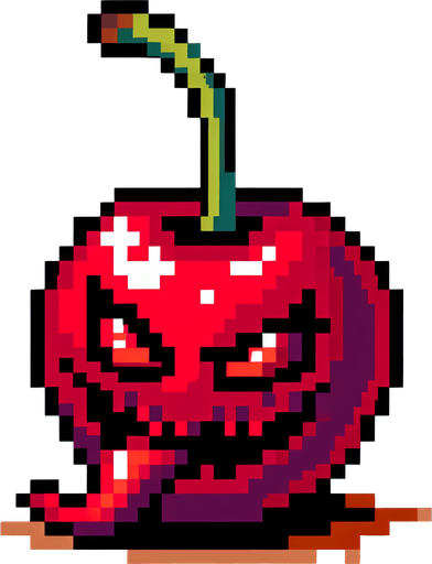 a demonic cherry, pixel style.
Single Game Texture.  In-Game asset.  2d.  Blank background.  High contrast.  No shadows