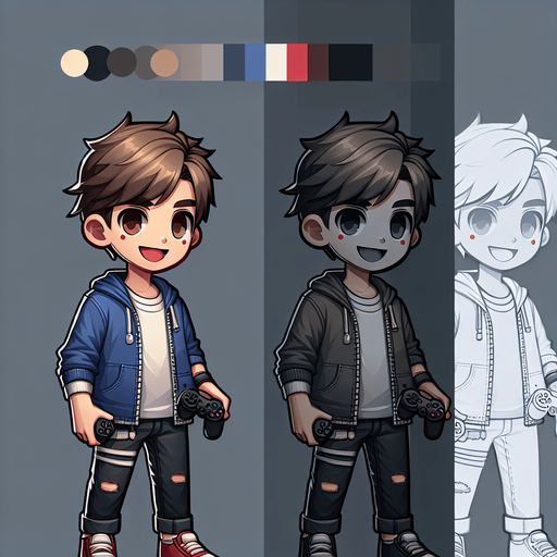 client MG boy.
Single Game Texture.  In-Game asset.  2d.  Blank background.  High contrast.  No shadows