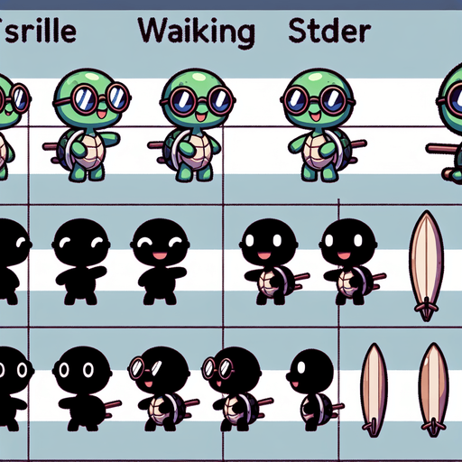 A spritesheet with a number of poses of an happy little turtle with strong eye-glasses, carrying a vertically oriented surfboard,, smiling, walking, waiting, standing, ordering, turning, etc. all seen from the side.The spritesheet should be laid out in a rectangular grid with clear space between each individual sprite. Each sprite in the sheet should be around 300x600 pixels in size.
Single Game Texture. In-Game asset. 2d. Blank background. High contrast. No shadows.