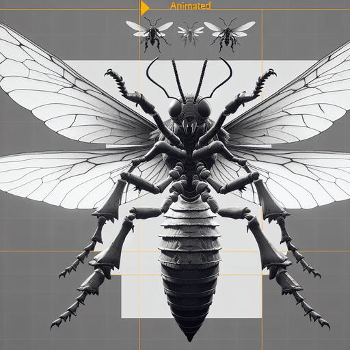 Giant insect, facing down, open wings, cartoony.
Single Game Texture. In-Game asset. 2d. Blank background. High contrast. No shadows.