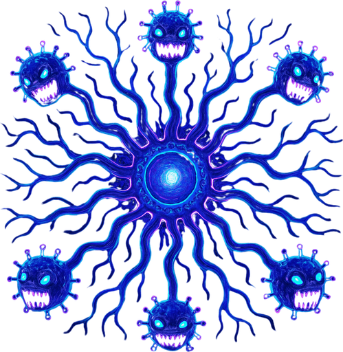 multi-headed virus monster, branching tendrils, glowing core, topdown view, blue and purple neon, organic digital fusion style, symmetrical, circular.
In-Game asset.  2d.  High contrast.  No shadows