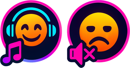 Icons for music & muted music by with emoji have headphone and happy and one doesn't have and sad. HD colors. future. cyberpunk+Abstract.
In-Game asset.  2d.  High contrast.  No shadows