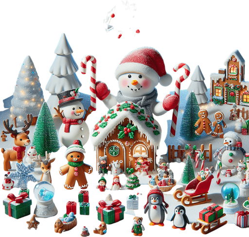 A Magical feeric starry christmas landscape at night with a snow man , candy canes ,holly leafs and snow flakes, cute penguin, Santa's reindeers, green, red and blue presents and a lot of toys, a sled, gingerbread boy and girl, snow globes, cute polar bears cub and a gingerbread house. Realistic. Plastic style. Background image