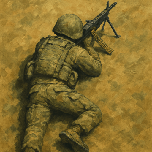 Army soldier laying with machine gun, top view from back