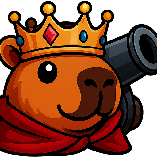 Quitale la resortera y el casco. Añadele una corona de rey con gemas. Añade tambein una capa roja. Agrega en la parte de atras un cañon. Dame la imagen sin fondo.