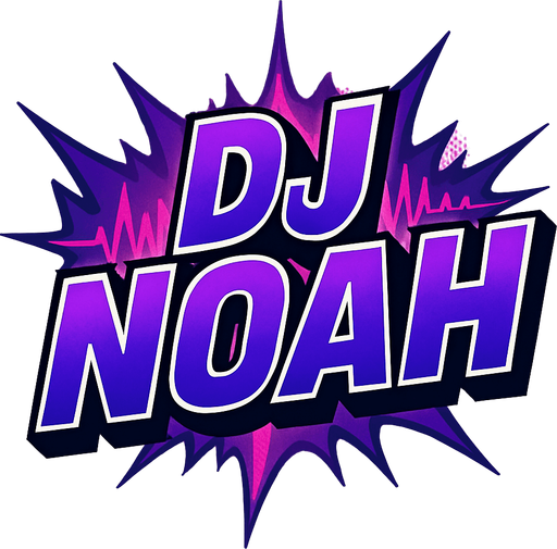A bold, comic-style game title reading 'DJ NOAH' in large uppercase letters. The text features a deep electric purple gradient with sharp highlights and bold white outlines, styled like a dramatic comic book title splash. Subtle halftone textures and a radial glow enhance its dynamic look. Behind the text, abstract comic-style sound wave elements stretch outward in purple and magenta hues. The composition is punchy, modern, and dramatic — designed as a central UI graphic with transparent background for in-game use. 2D, high contrast, no drop shadow..
In-Game asset.  2d.  High contrast.  No shadows