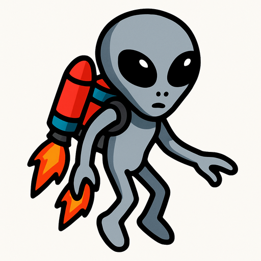 Grey alien with jetpack.
In-Game asset.  2d.  High contrast.  No shadows