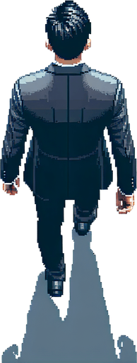 Directly overhead, plumb view of a business man heading top (we see his back). walinkg. empty hands..
Zenith view, directly overhead, plumb view. NOT PERSPECTIVE!. Pixel art