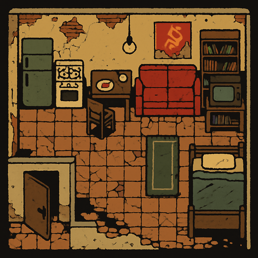 A 80's Soviet apartment, slightly ruined but in use.
In-Game asset.  2d.  High contrast.  No shadows. Top down view