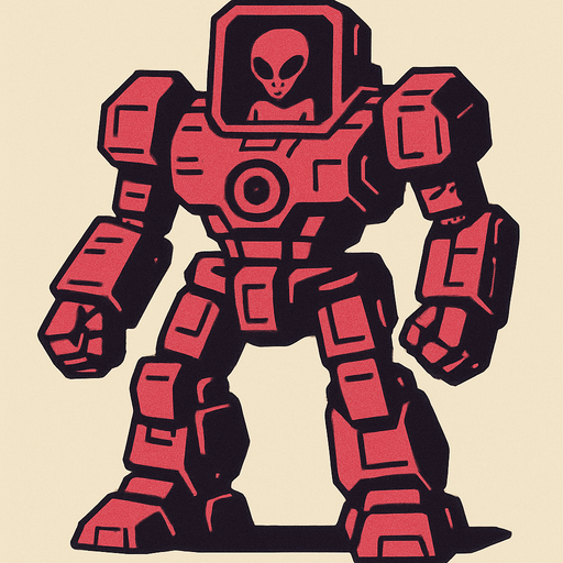 Giant space robot with grey alien controlling it from cockpit in head
In-Game asset.  2d.  High contrast.  No shadows