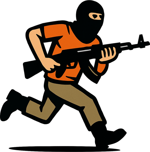 silahla koşan terörist.
In-Game asset.  2d.  High contrast.  No shadows